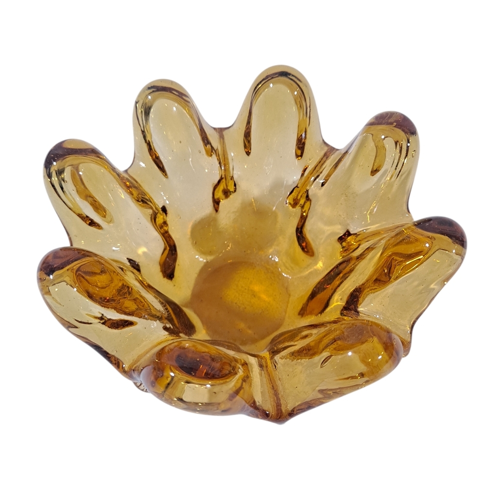Vintage Amber Art Glas Bowl Scalloped Rim 3"